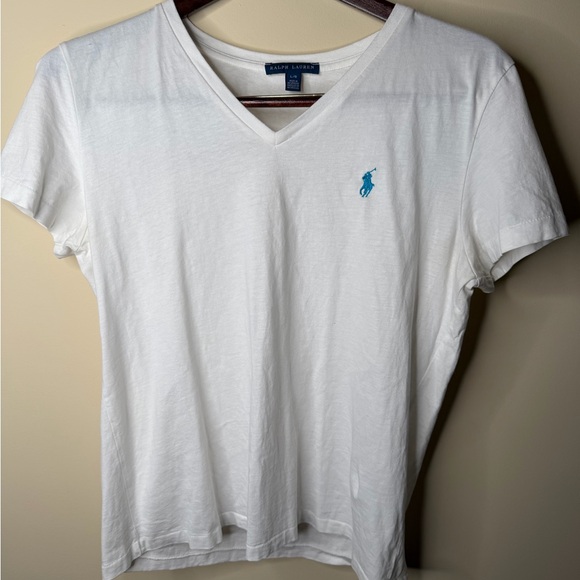 Vintage Ralph Lauren White V-Neck Tee with Blue Logo - Picture 7 of 7